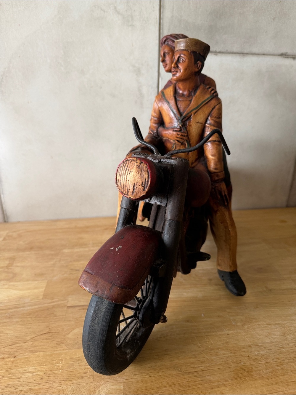 Vintage-Inspired Brown & Black Motorcycle Couple Statue - Home Art